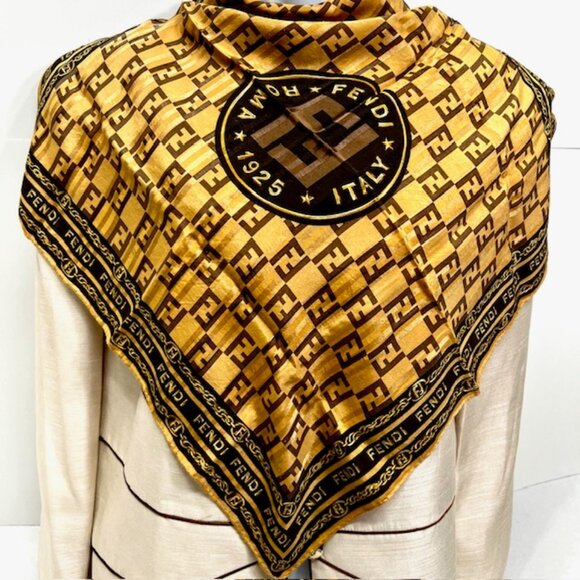Classic FENDI mini scarf handkerchief 23" Silk/Cotton  Gold Borwn FF  Logo (26) - Picture 1 of 8
